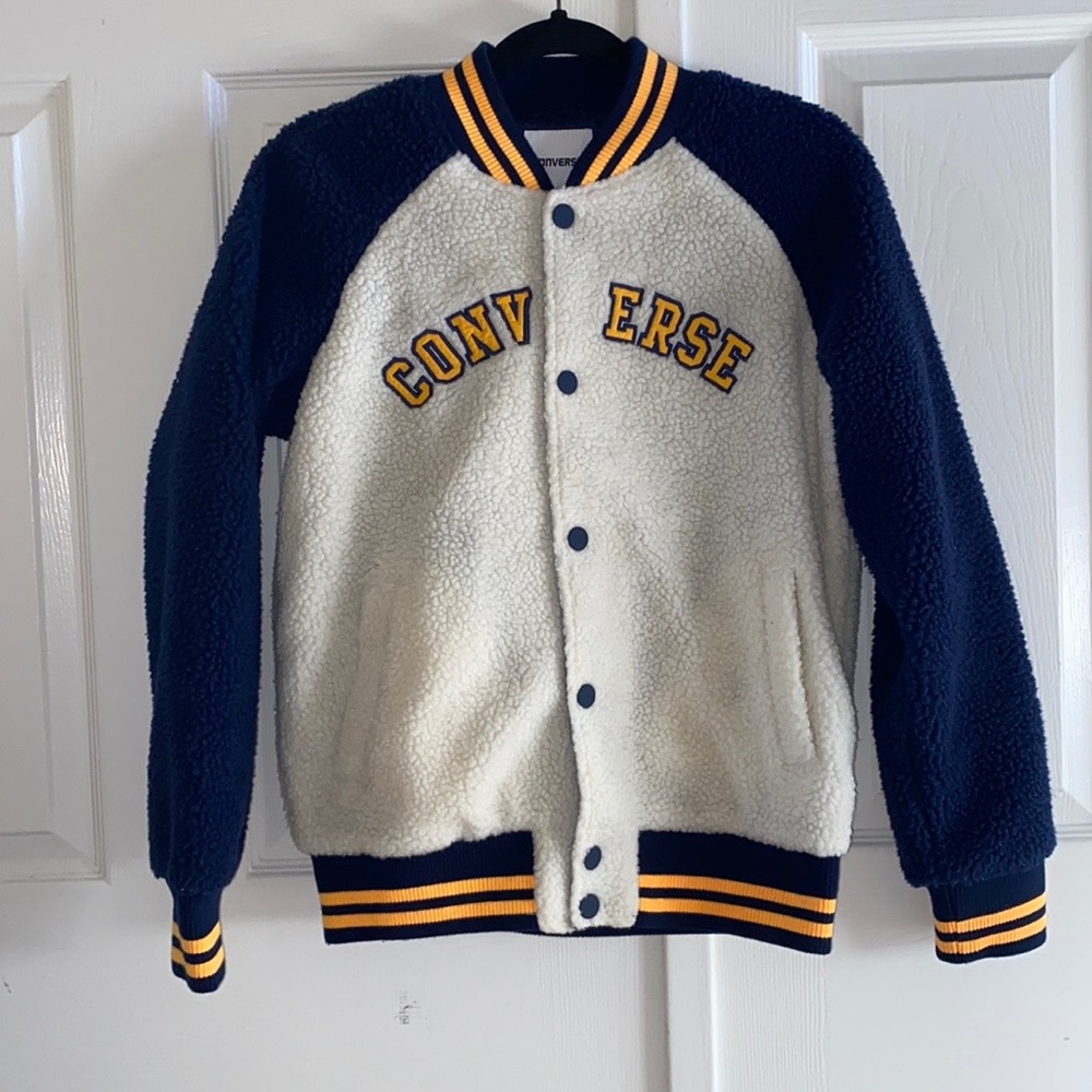 NWOT UO Converse Blue and Yellow Oversized Sherpa Teddy Varsity Jacket
